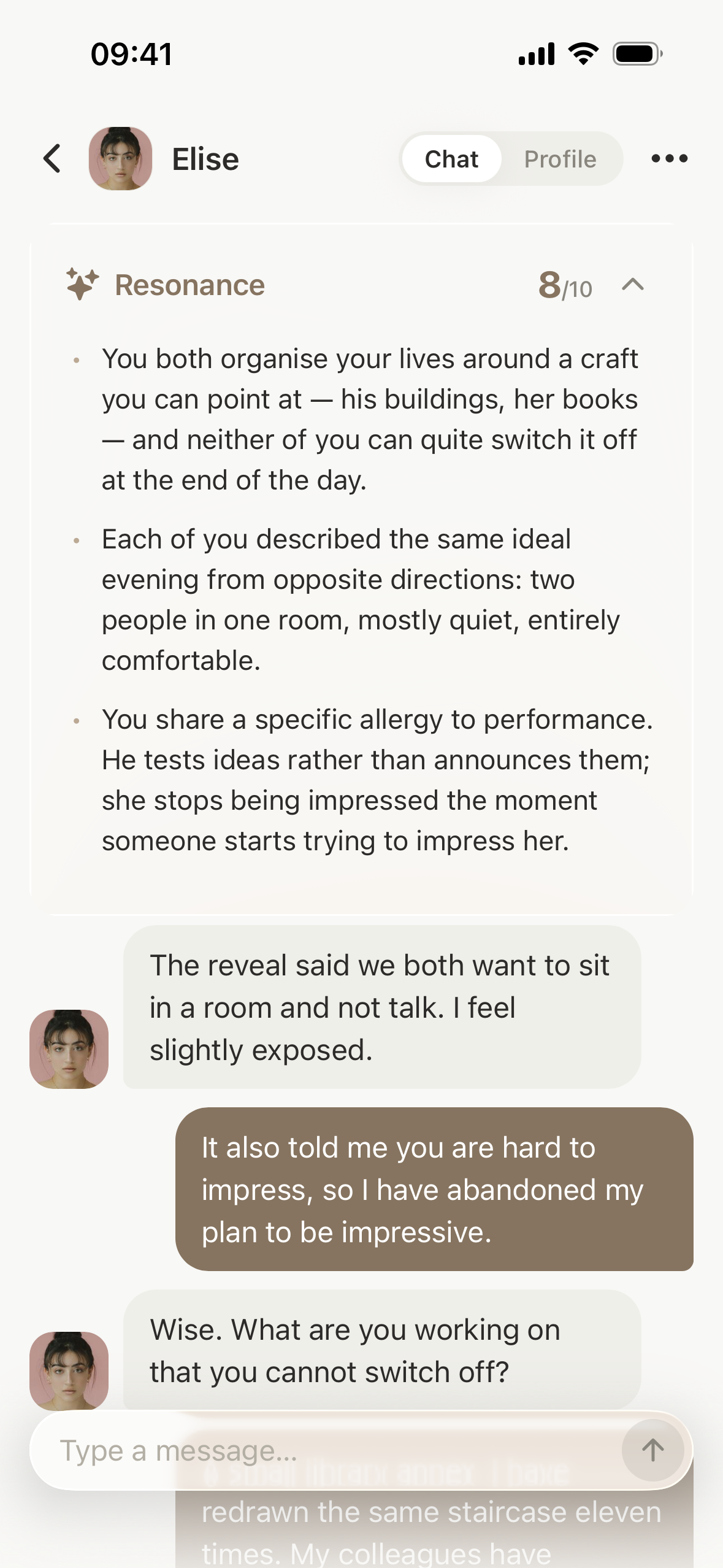 Tacit chat showing shared interests and AI-generated resonance insights above a conversation.